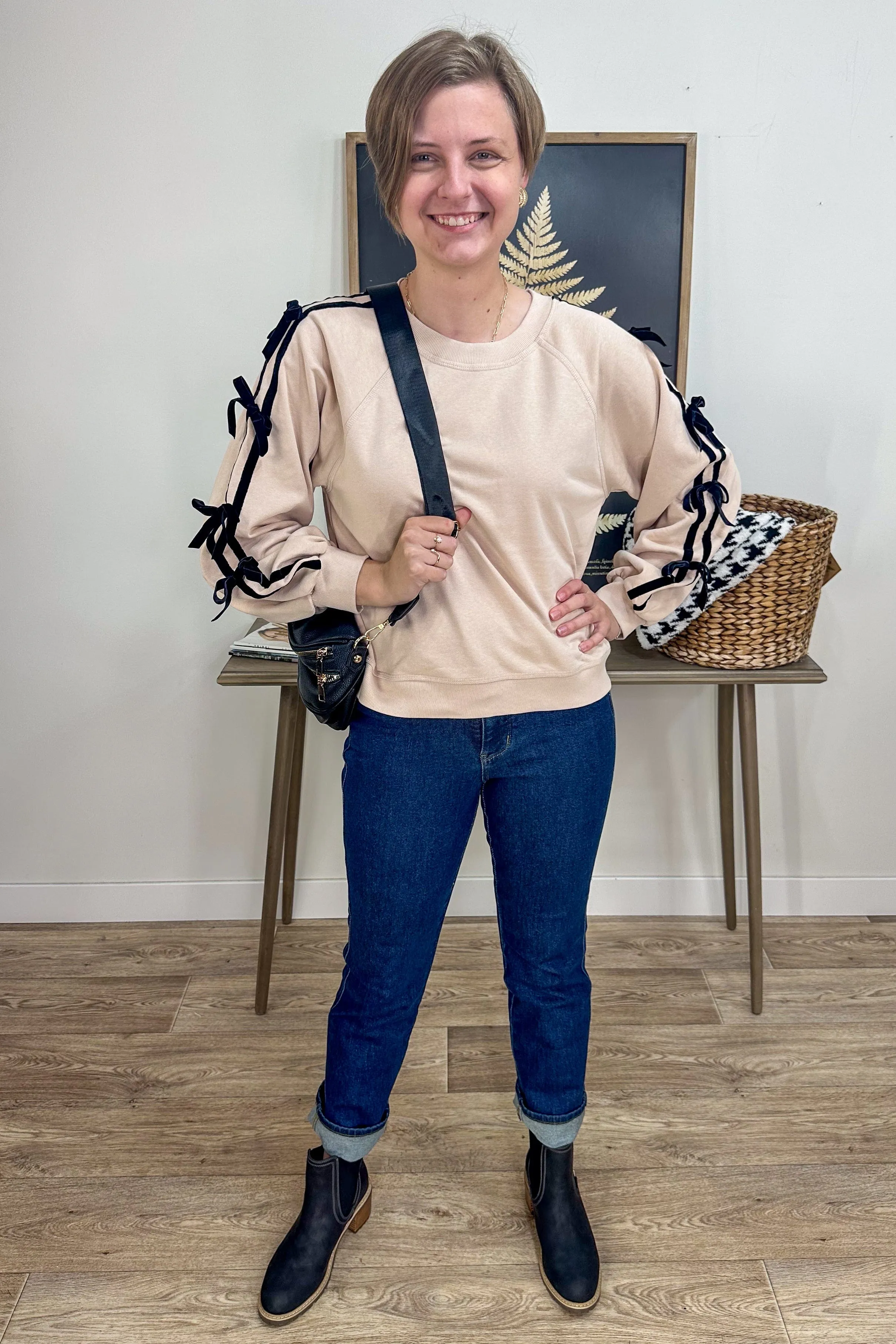 Velvet Bow Sleeve Sand Sweatshirt