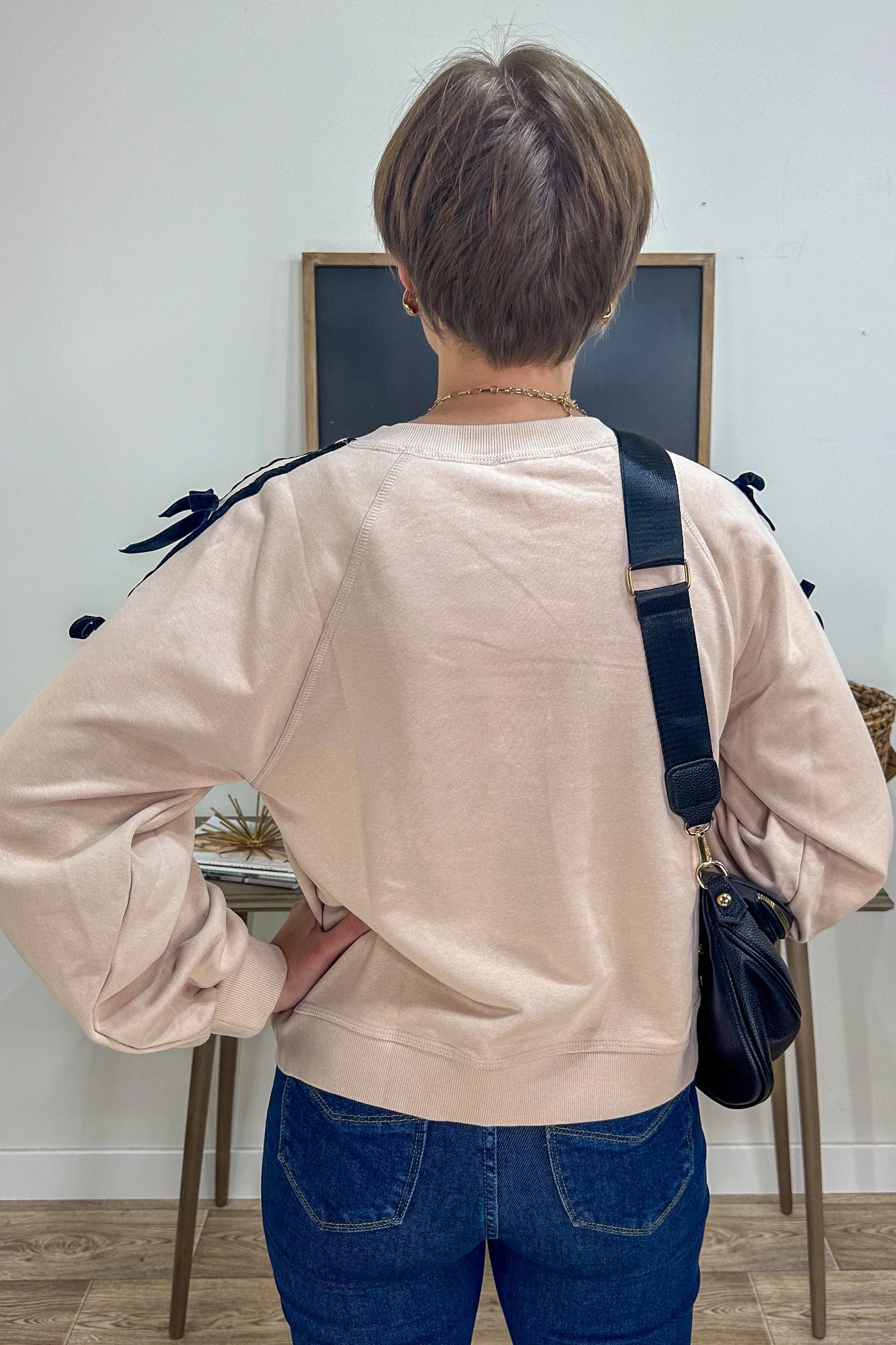 Velvet Bow Sleeve Sand Sweatshirt
