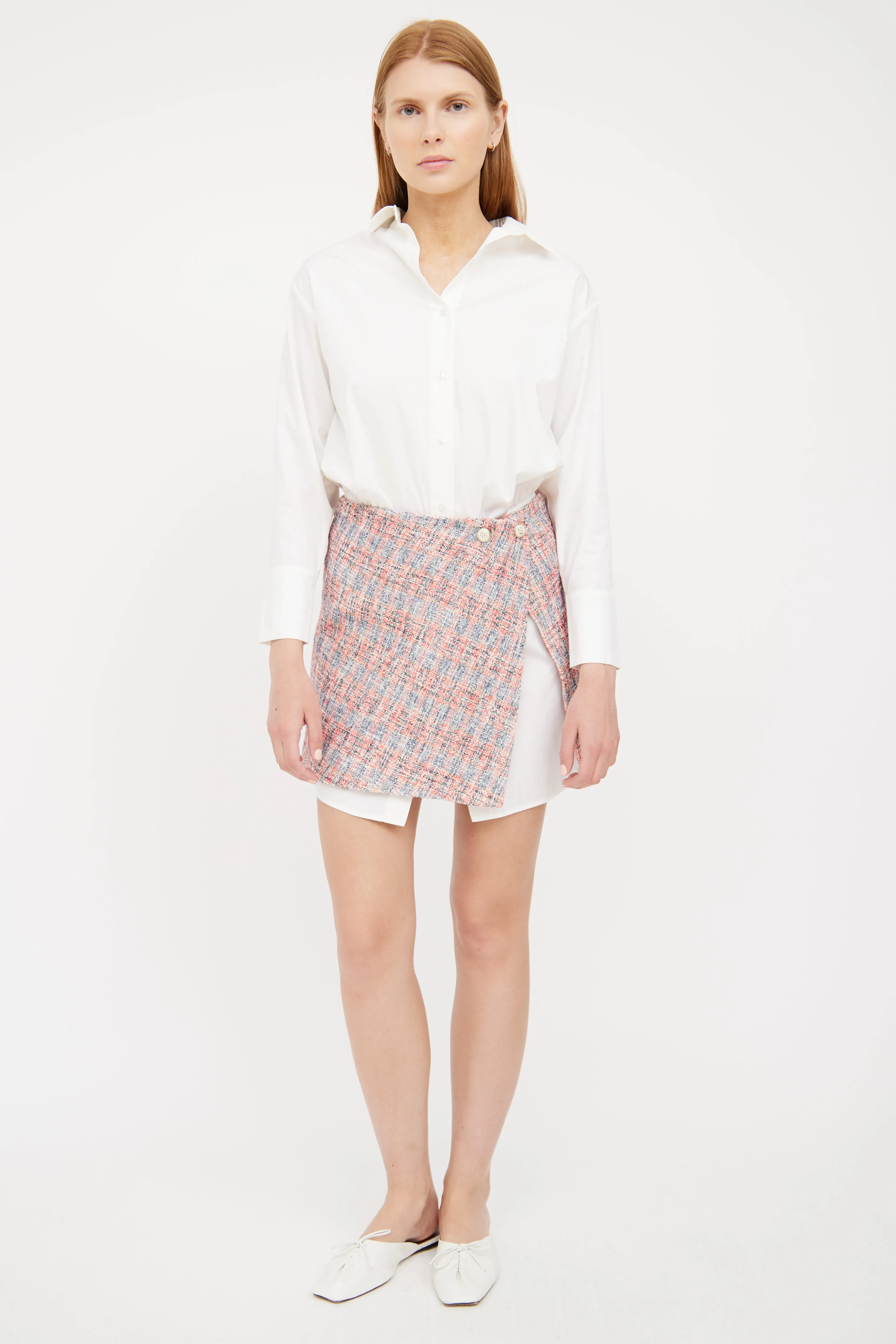 White & Pink Tweed Shirt Dress