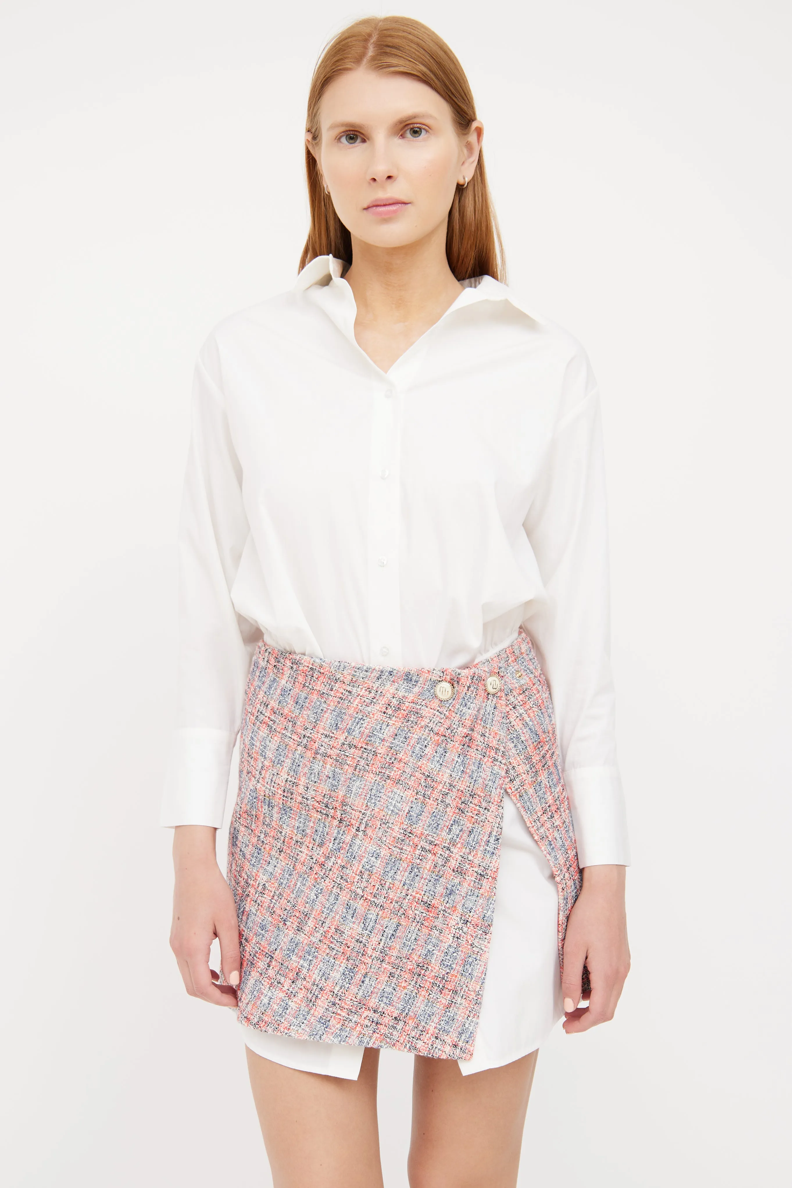 White & Pink Tweed Shirt Dress