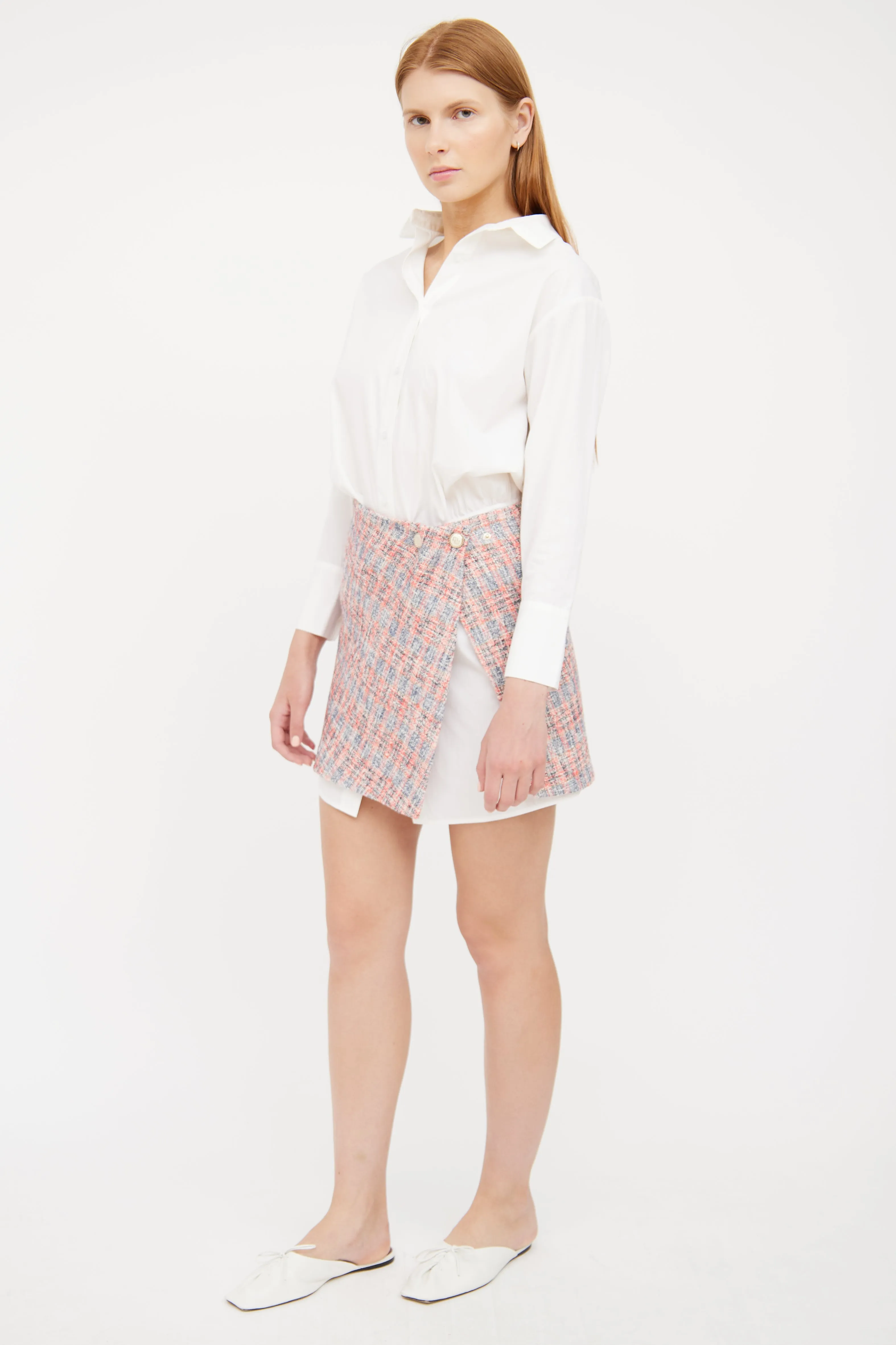 White & Pink Tweed Shirt Dress