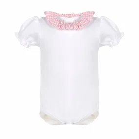 White Cotton Baby Girl bodysuit with pink seersucker ruffle