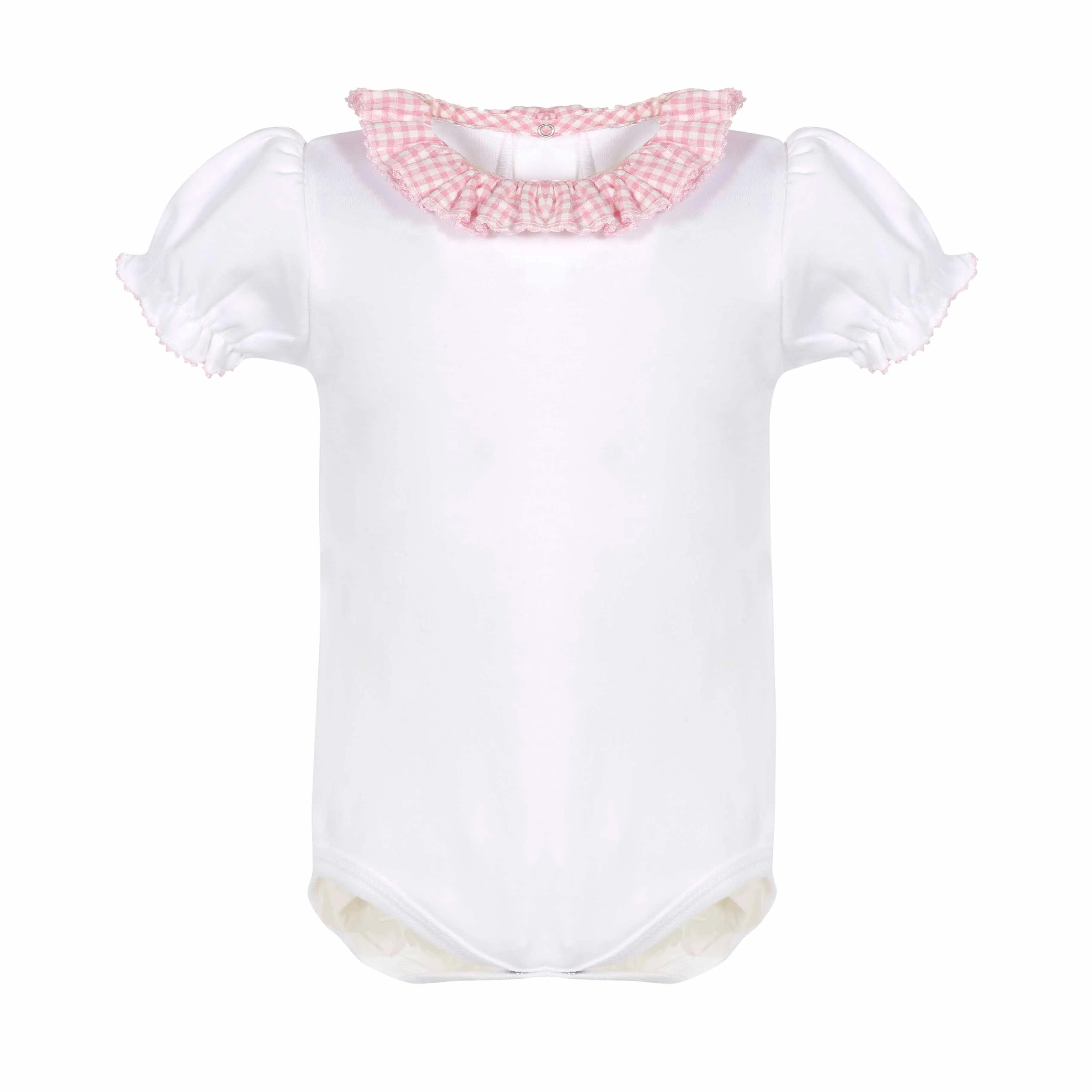 White Cotton Baby Girl bodysuit with pink seersucker ruffle