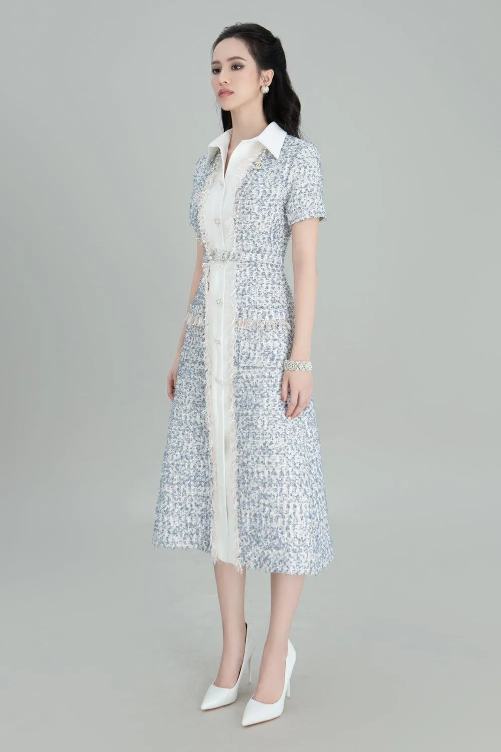 Yuki A-line Short Sleeved Tweed Midi Dress